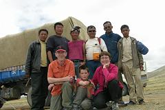
Jerome Ryan, Peter Ryan, and Charlotte Ryan with our crew: Tibetan truck driver Lhaktse, Tibetan Land cruiser driver Sadim, Tibetan guide Konjo, Nepalese guide Gyan Tamang, Nepalese cook Palden, and Nepalese porter Pemba Rinji.
